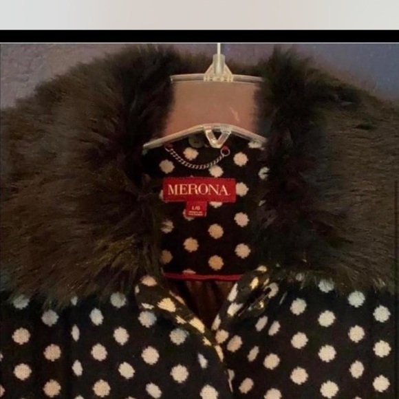 Vintage retro mod vibes polka dot fur collar pea coat L - Picture 2 of 7